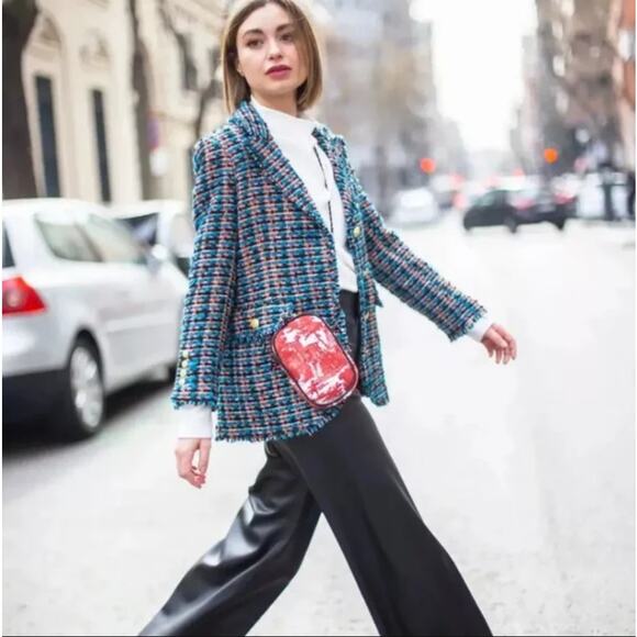 ZARA Tweed Textured Fitted Blazer Multicolor Frayed Trim Gold Button Women's XS - Picture 2 of 14